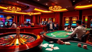 Betting with credit ifn in a luxurious casino setting filled with cards and roulette wheels.