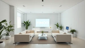 Workspace showcasing the MMOO brand with modern technology and minimalist design.