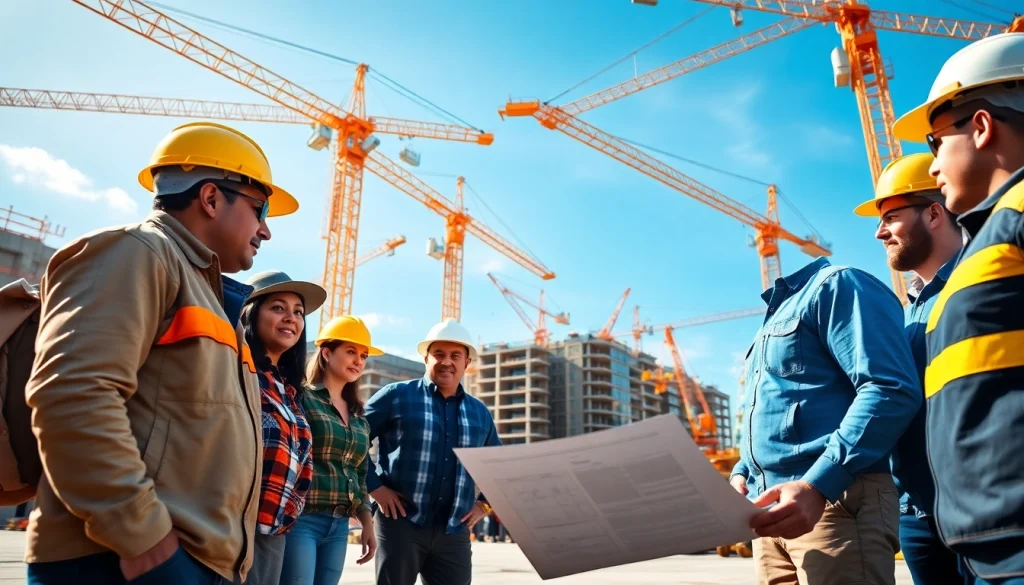 Collaboration among construction workers in North Carolina at a bustling site showcasing the construction association north carolina.