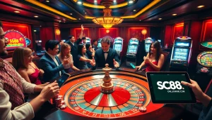 A group of enthusiastic players engaging with roulette at a luxury casino showcasing SC88.com excitement.
