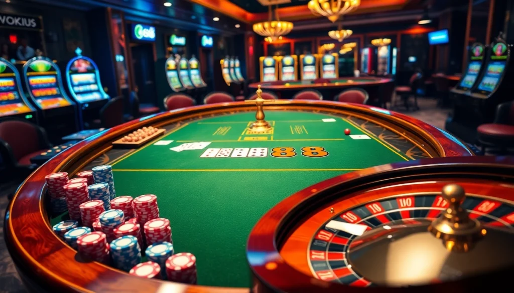 Players strategizing at the GK88 casino table surrounded by poker chips and cards.