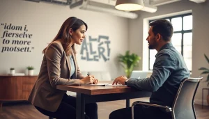 Business coach near me guiding a client in a bright, modern office space.