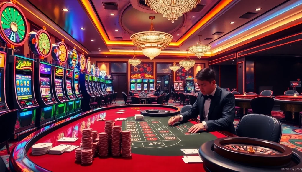 Gambling enthusiasts strategizing at Bet88vn.agency's luxurious casino tables with vibrant lighting.