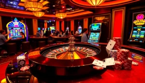 Man88 casino scene with roulette wheel, poker chips, and cards in an upscale environment.