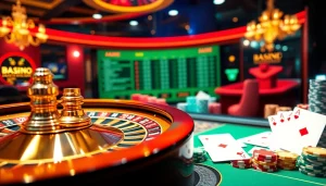 Engage with Link vào s8 in a vibrant online casino setting featuring roulette wheels and poker chips.