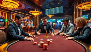 i5bet players strategizing at a high-stakes poker table with luxurious casino elements.