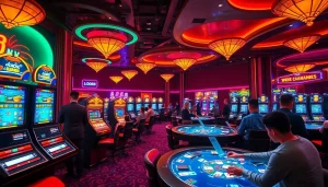 Exciting online gambling scene with LODE88, showcasing vibrant casino tables and players enjoying games.