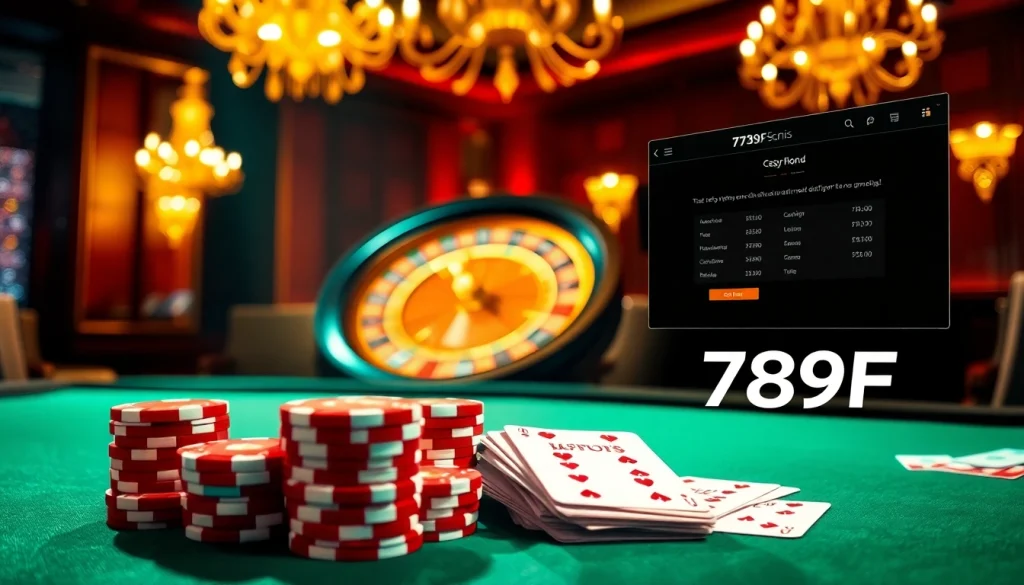 Experience thrilling casino action at 789F with poker chips, cards, and an elegant roulette wheel.