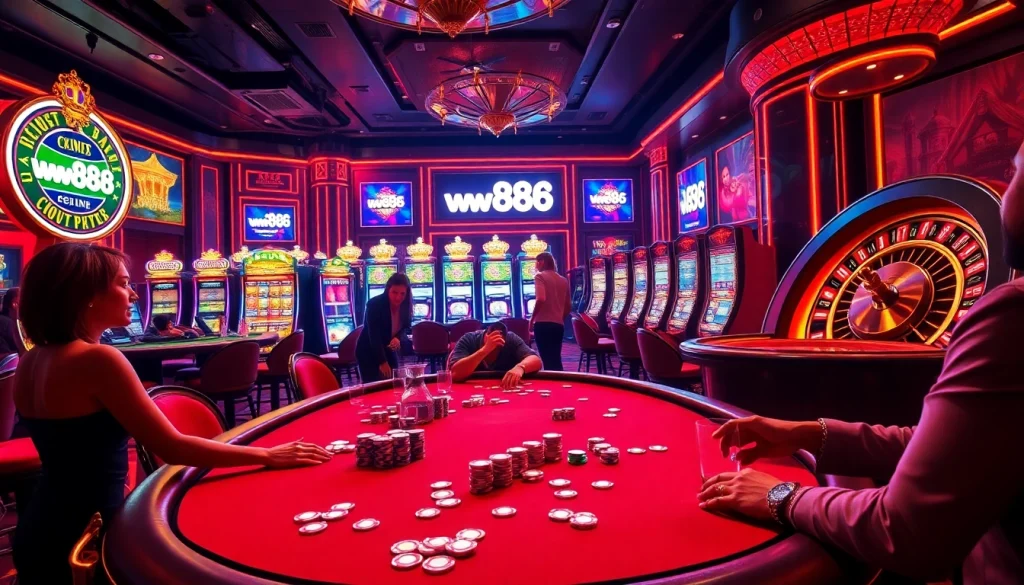 Engaging poker game table scene at a luxury casino featuring ww88 branding and vibrant action.