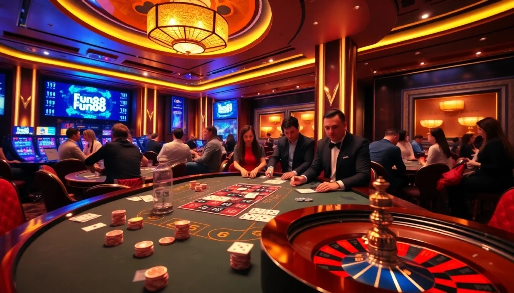 Experience online gambling excitement with Fun88, featuring a vibrant casino scene filled with poker chips and cards.