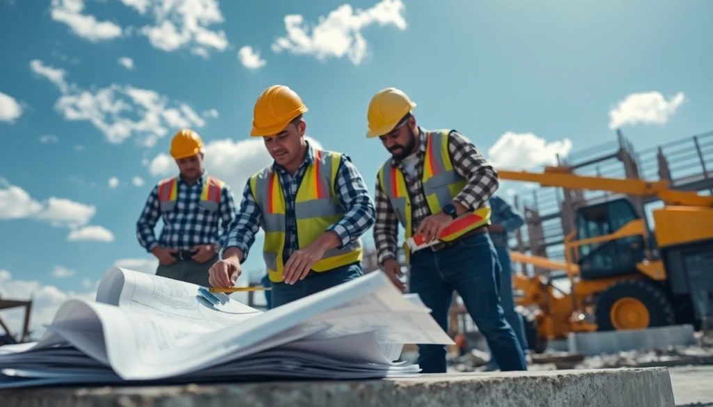 Construction association north carolina team working together on a building project with safety gear.