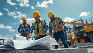 Construction association north carolina team working together on a building project with safety gear.