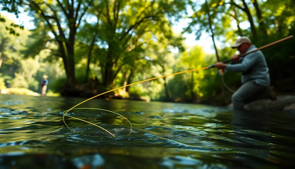 Cast a fly fishing line into a tranquil river surrounded by nature's beauty.