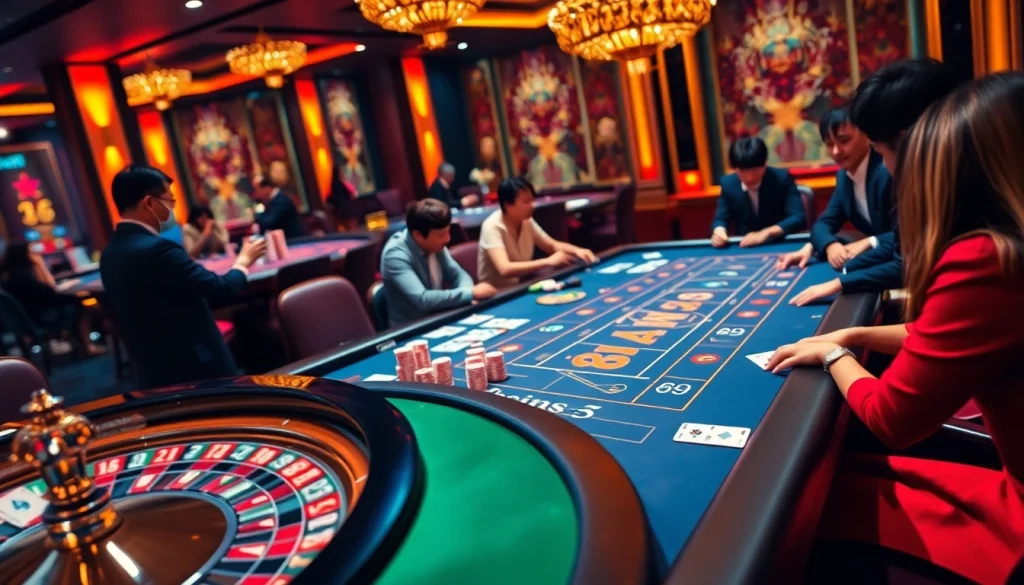 Engaged players enjoying a thrilling poker game at nhà cái X88 casino with vibrant chips and cards.