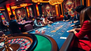 Engaged players enjoying a thrilling poker game at nhà cái X88 casino with vibrant chips and cards.