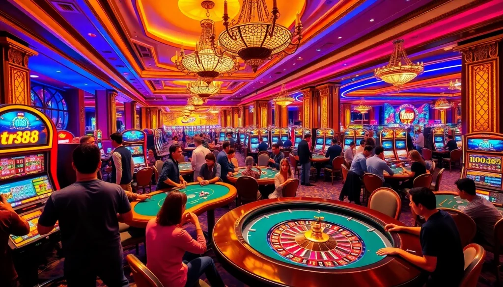 Players enjoying thrilling games at a vibrant TR88 casino, showcasing excitement and luxury.