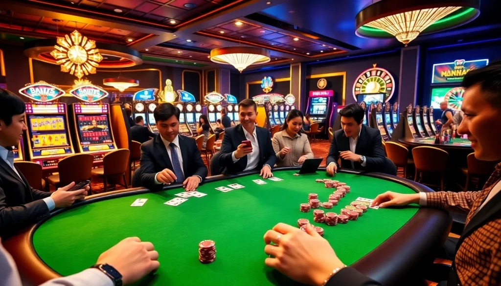 Excited players at a poker table and colorful chips highlight the mu88 app's immersive gambling experience.