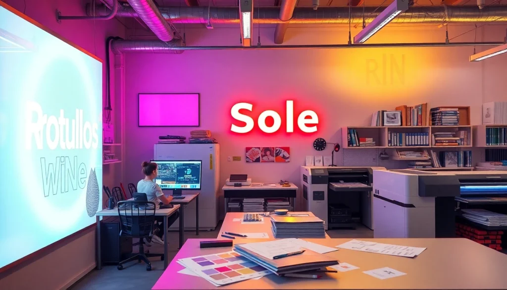 Escena de taller atractiva que muestra rótulos en Alicante con diseñadores trabajando