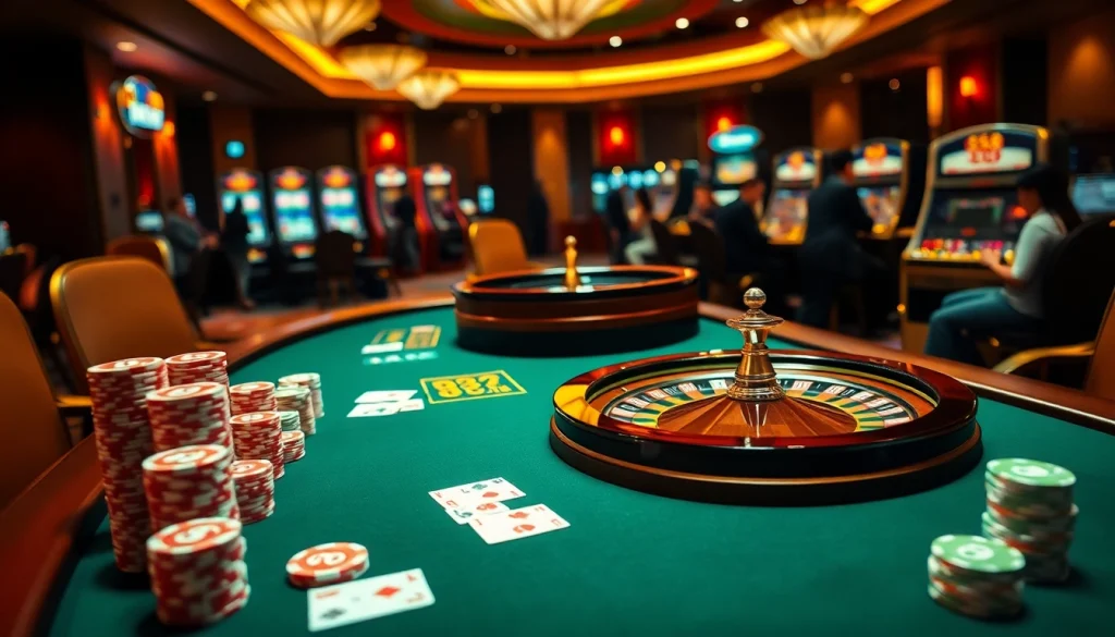 Players enjoying high-stakes poker at the lu88 casino table, showcasing vibrant gameplay.
