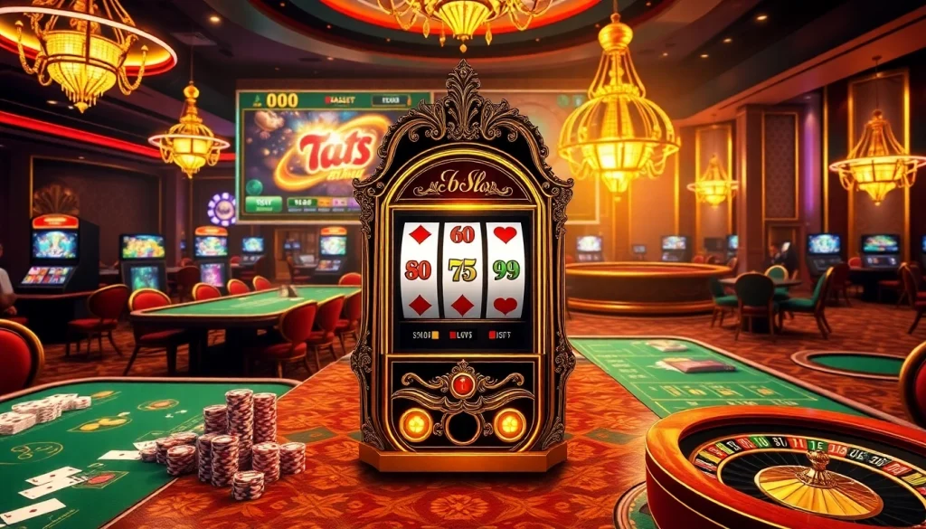 Casino scene elements depicting gameplay at 66slots8 com with slot machines and poker chips.