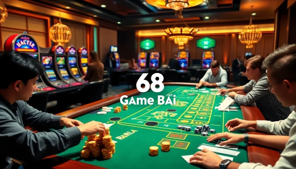 Experience the excitement of 68 Game Bài with players enjoying casino card games and slot machines.