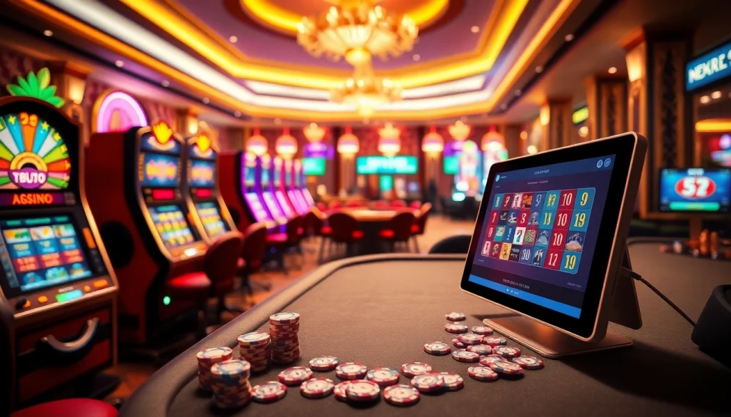 Exciting gambling action at nhà cái S8 online casino with vibrant slot machines and poker tables.