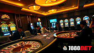 Engaged players at a high-stakes poker table surrounded by vibrant casino elements showcasing 188BET.