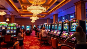 Excited players engaging with nổ hũ slot machines in a vibrant casino scene.