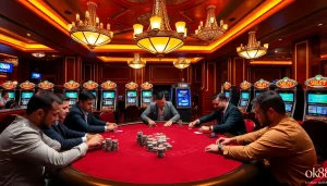 Professional gamblers enjoying a poker game at ok88's luxurious casino.