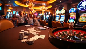 Trải nghiệm sự hứng khởi tại LUCK8, nơi người chơi thưởng thức poker và roulette trong một casino sang trọng.