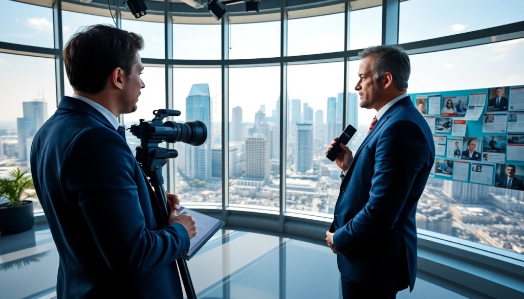 Engaging interview scene in a newsroom showcasing Usa Today theme with vibrant colors.