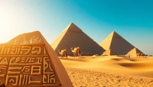 Visitors marvel at the stunning piramids of Egypt with intricate hieroglyphs nearby.