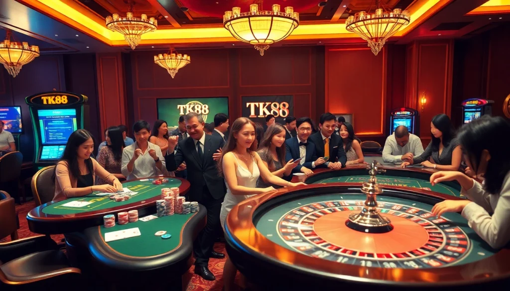 Players are enjoying the thrill of TK88 casino games amidst a vibrant gambling atmosphere.
