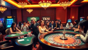 Players are enjoying the thrill of TK88 casino games amidst a vibrant gambling atmosphere.