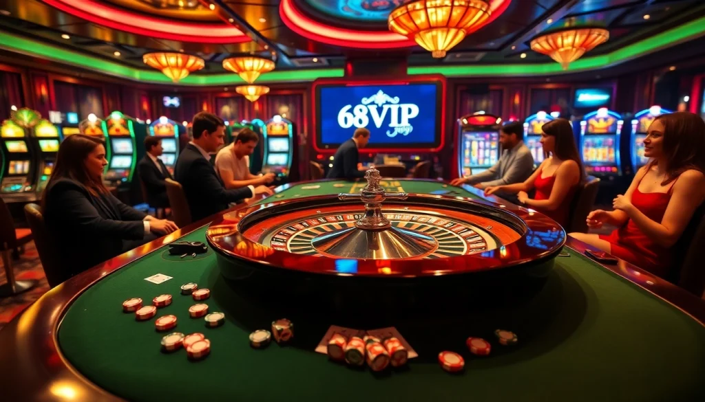 Experience thrilling bets at the 68VIP casino with vibrant gaming scenes and luxurious setup.
