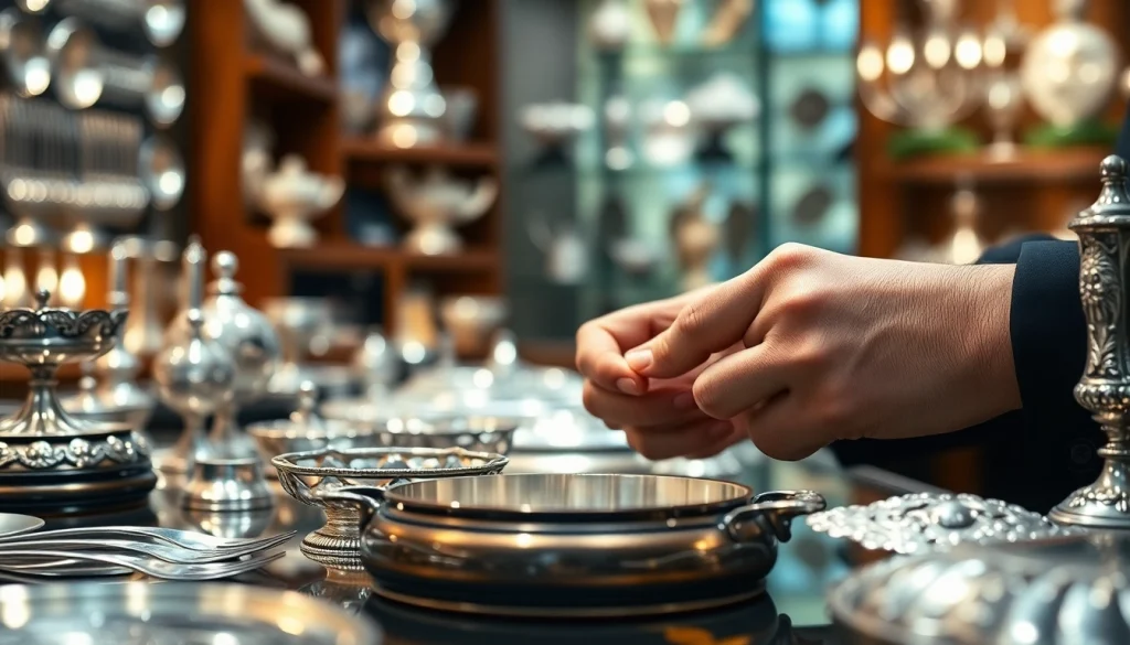 Zinn Ankauf: Fachkundige Hände prüfen antikes Silber, umgeben von feinen Silberobjekten.