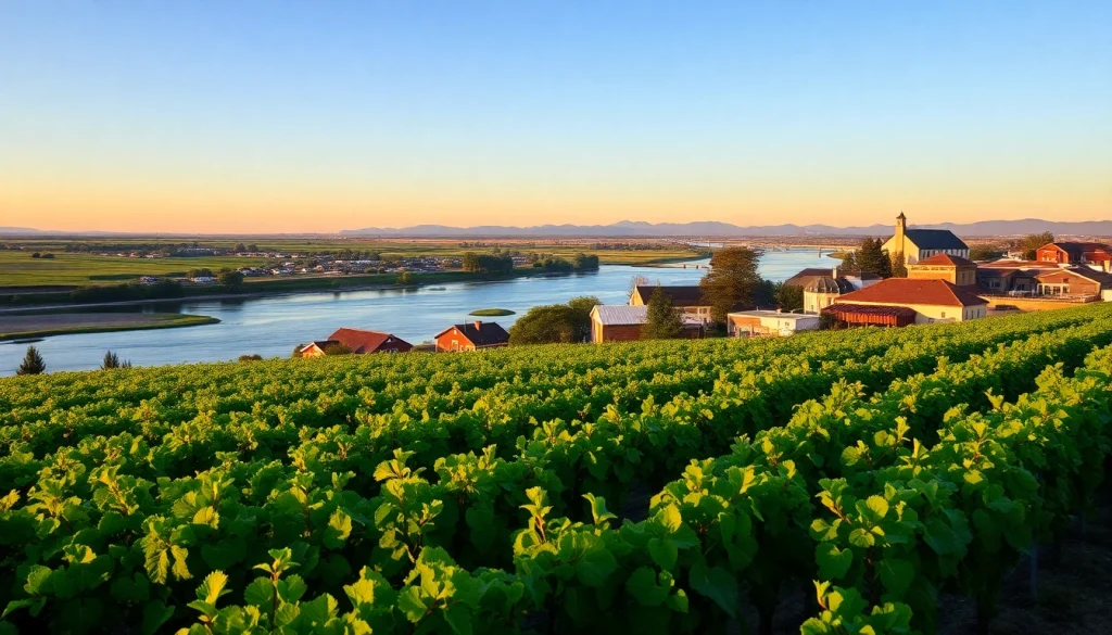 Scenic view of Clarksburg, CA, featuring vineyards along the Sacramento River.