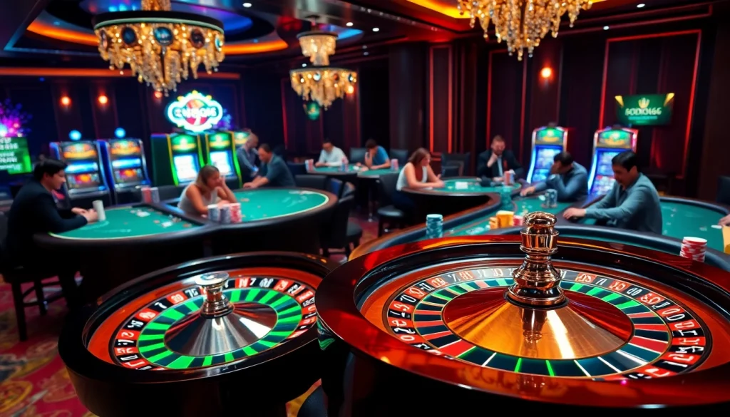 SODO66 casino ambiance featuring roulette wheel and poker tables, capturing luxury gambling experience.