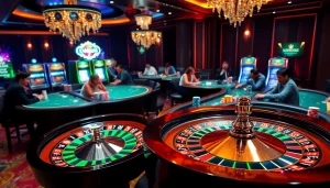 SODO66 casino ambiance featuring roulette wheel and poker tables, capturing luxury gambling experience.