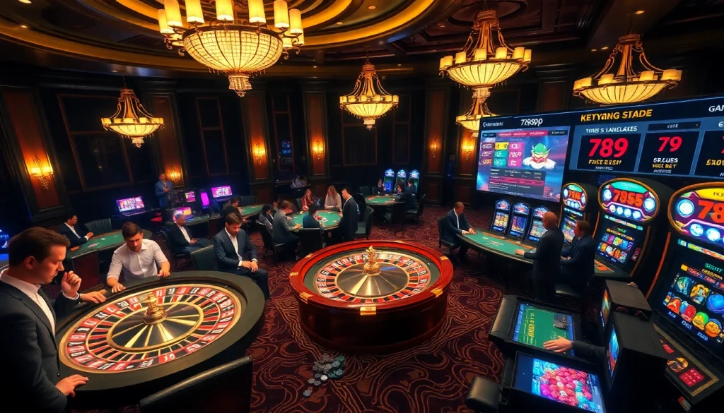 Players celebrating big wins at the 789p casino with vibrant roulette tables and slot machines.