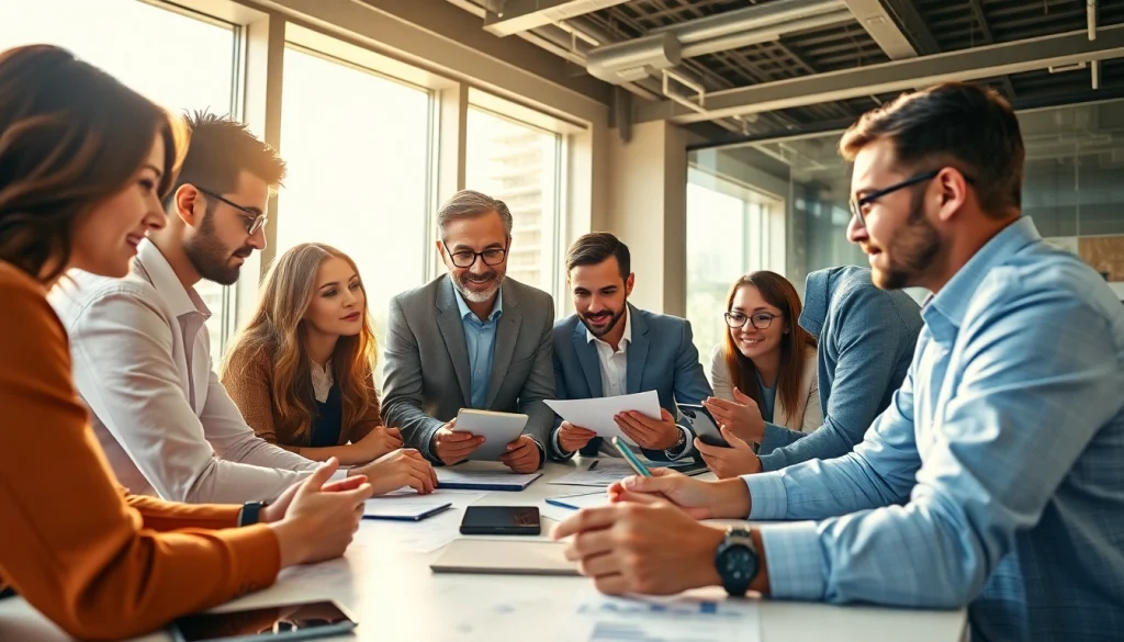 Hire salespeople in a vibrant business meeting discussing strategies and ideas.