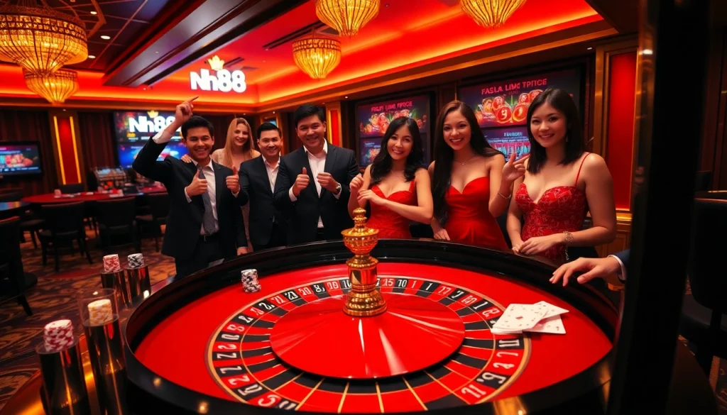 Exciting casino scene with roulette table and vibrant nh88 branding.