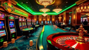 K9K9 casino scene with vibrant slot machines, poker tables, and roulette wheels creating excitement.