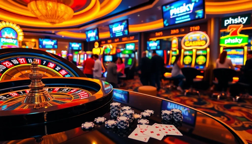 Phsky offers an exciting online gambling experience with vibrant casino visuals featuring roulette and slots.
