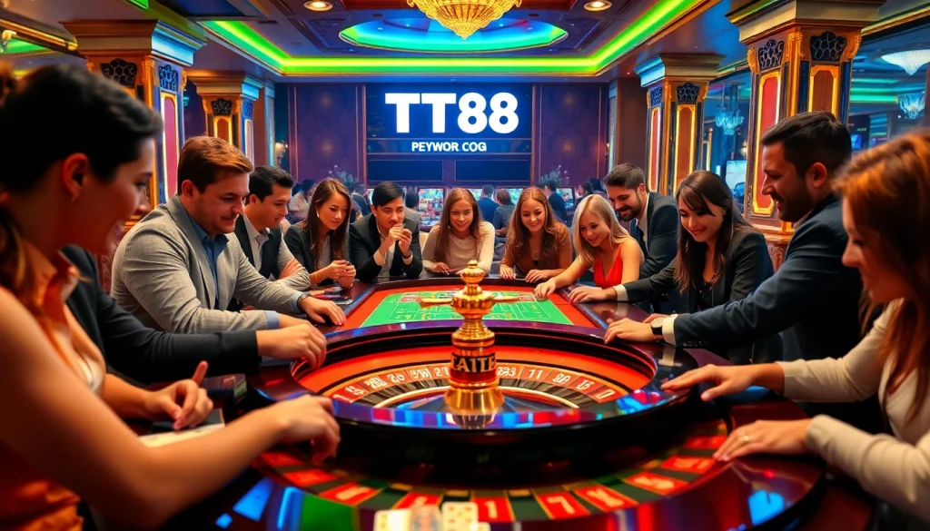 Engage in thrilling casino gameplay with TT88-themed poker chips and cards in a luxurious setting.