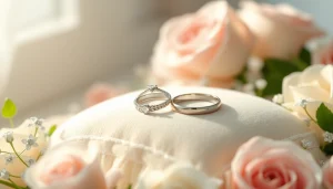 ローズに囲まれたクッションの上に優雅に展示された結婚指輪（結婚指輪）、ロマンスを強調