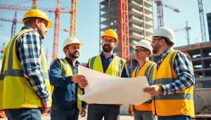 Engaged professionals in careers in construction collaborate on a dynamic job site with safety gear.