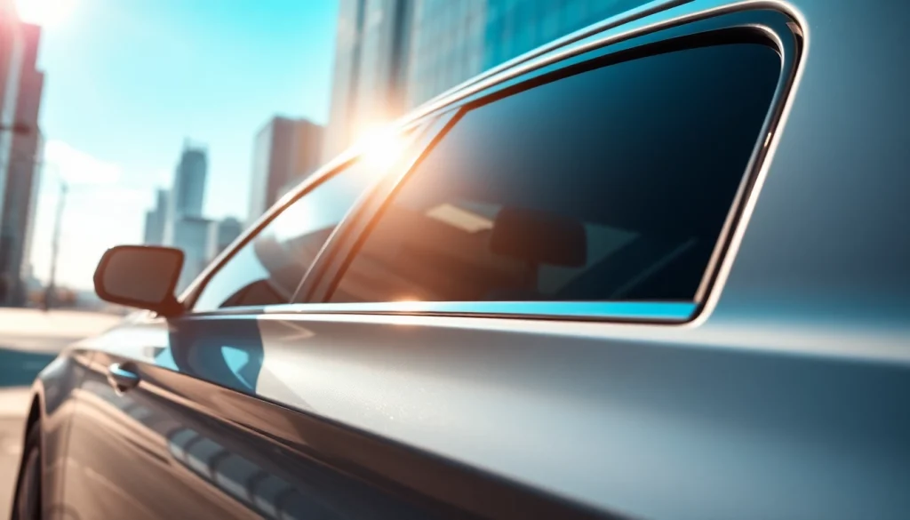 A car showcasing the best window tint Chattanooga TN against a vibrant urban backdrop under bright sunlight.