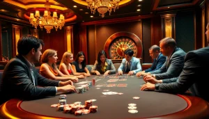 High-stakes poker game at a luxury casino depicting players engaged at the hit club table.