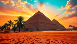 Explore the majestic piraminds against a colorful sunset, showcasing ancient history and grandeur.